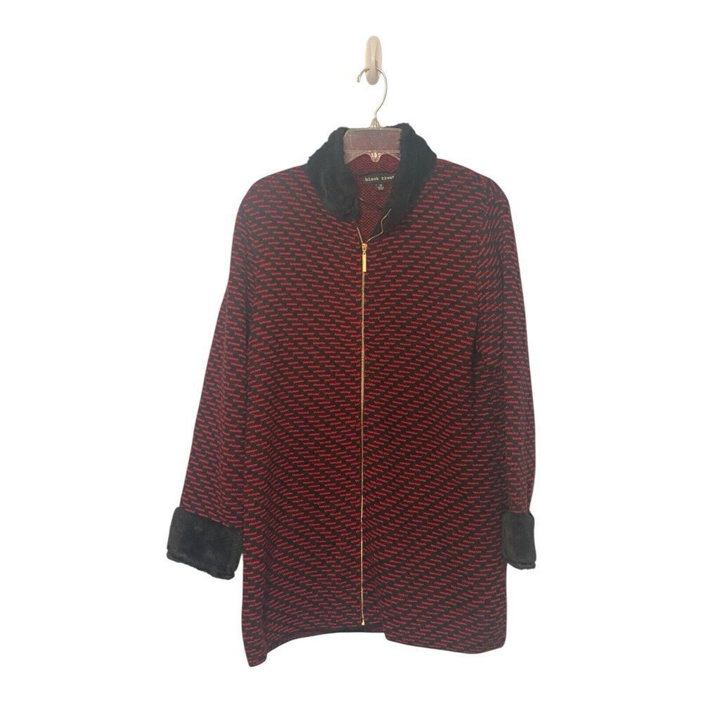 BLACK RIVET WOMENS LONG KNIT BLACK RED ZIP UP SWEATER AUTUMN COAT FAUX FUR~M